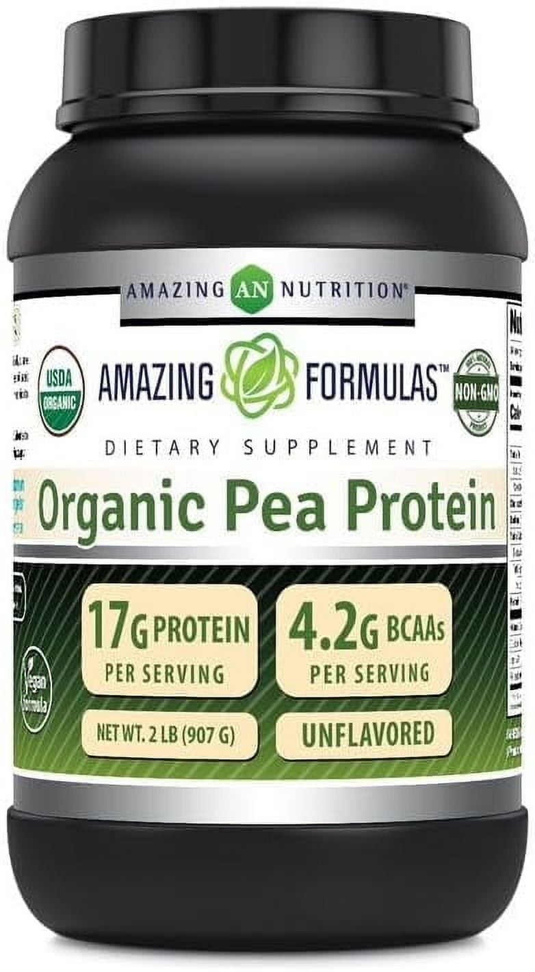 Amazing Formulas USDA Certified Organic Pea Protein Powder 2 Lbs | 17 Grams Protein | 34 Servings | Unflavor | Zero Sugar | Yellow Pea Protein Isolate Supplement
