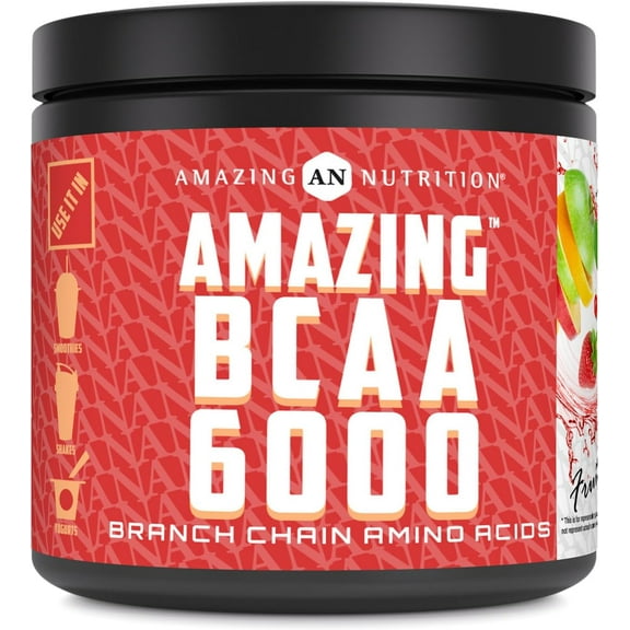 Amazing Nutrition Amazing BCAA 6000 - Branch Chain Amino Acid - Fruit Punch Flavor | Rich in Amino Acid | 30 Servings Per Bottle | 1 Scoop(7.7g) Per Serving | Made in USA