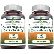 Amazing Formulas Calcium Magnesium Zinc + D3 300 Tablets Supplement | Calcium 1000mg - Magnesium 400mg - Zinc 25mg Plus Vitamin D3 600 IU | Non-GMO | Gluten-Free | Pack of 2