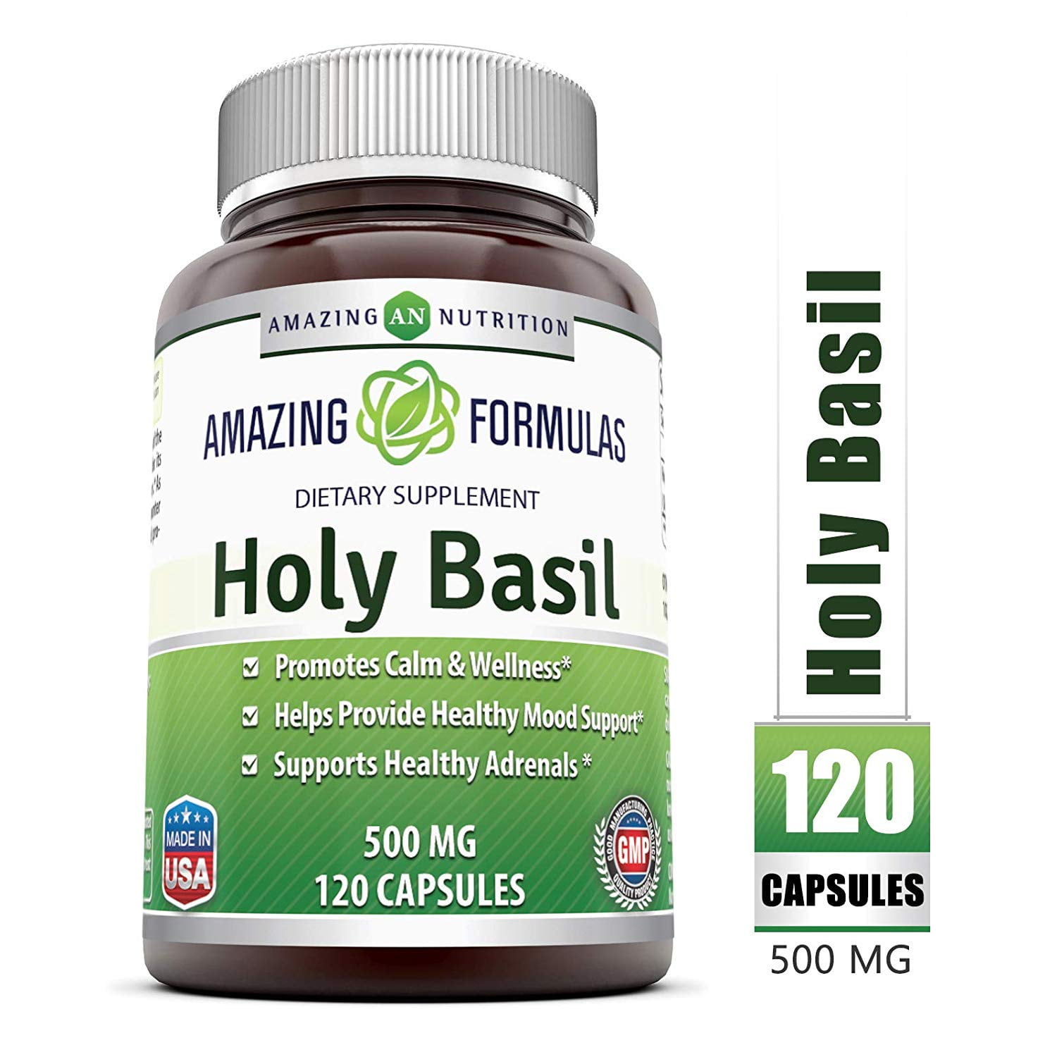 Amazing Nutrition Holy Basil Dietary Supplement 500mg 120 Capsules Per Bottle 100 Pure Tulsi Ocimum Sanctum Leaf Extract 4 1 Concentrate