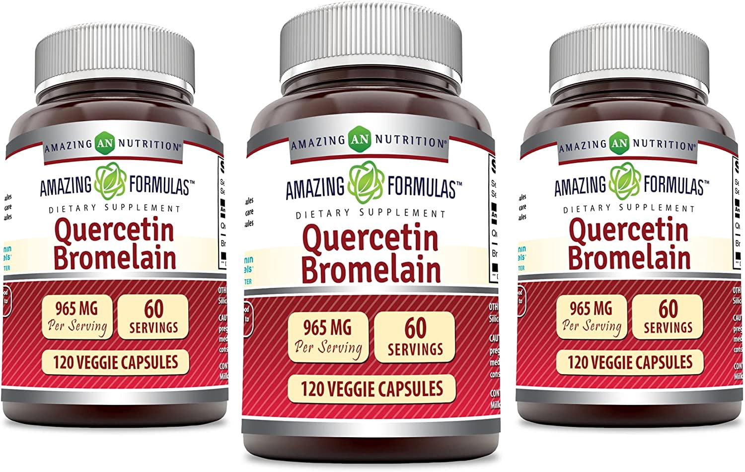 Amazing Formulas Quercetin Bromelain 965mg Per Serving 120 Veggie Capsules Supplement | 800mg Quercetin & 165mg Bromelain | Non-GMO | Gluten Free | Suitable for Vegetarians | Pack of 3
