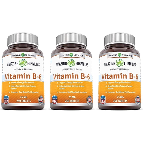 Amazing Formulas Vitamin B6 Pyridoxine 25mg Per Serving 250 Tablets Supplement | Non GMO | Gluten Free | Made in USA | Pack of 3