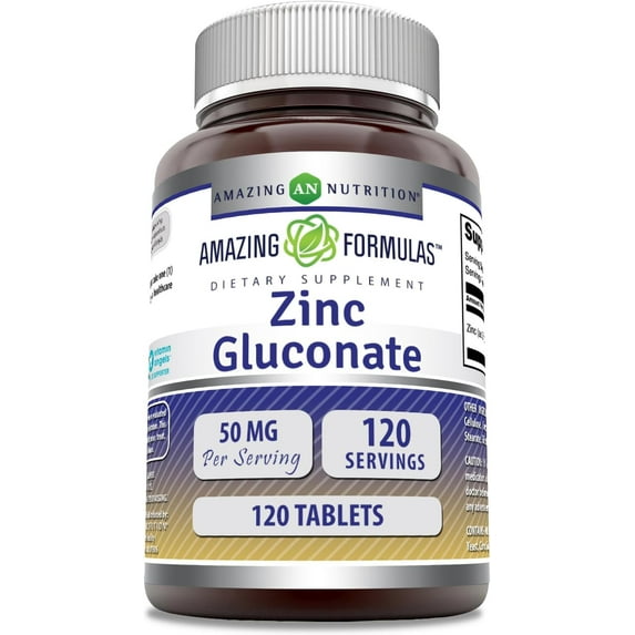 Amazing Formulas Zinc Gluconate 50Mg Per Serving 120 Tablets Supplement | Non-GMO | Gluten-Free | Made in USA
