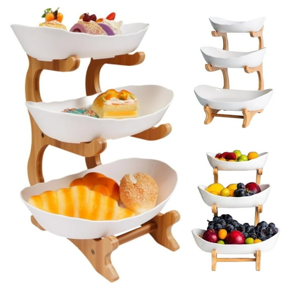Amazing OUYI Three-Layer Ceramic Fruit Tray + Bamboo-Wood Stand - Super Aesthetic and Practical (White Porcelain)