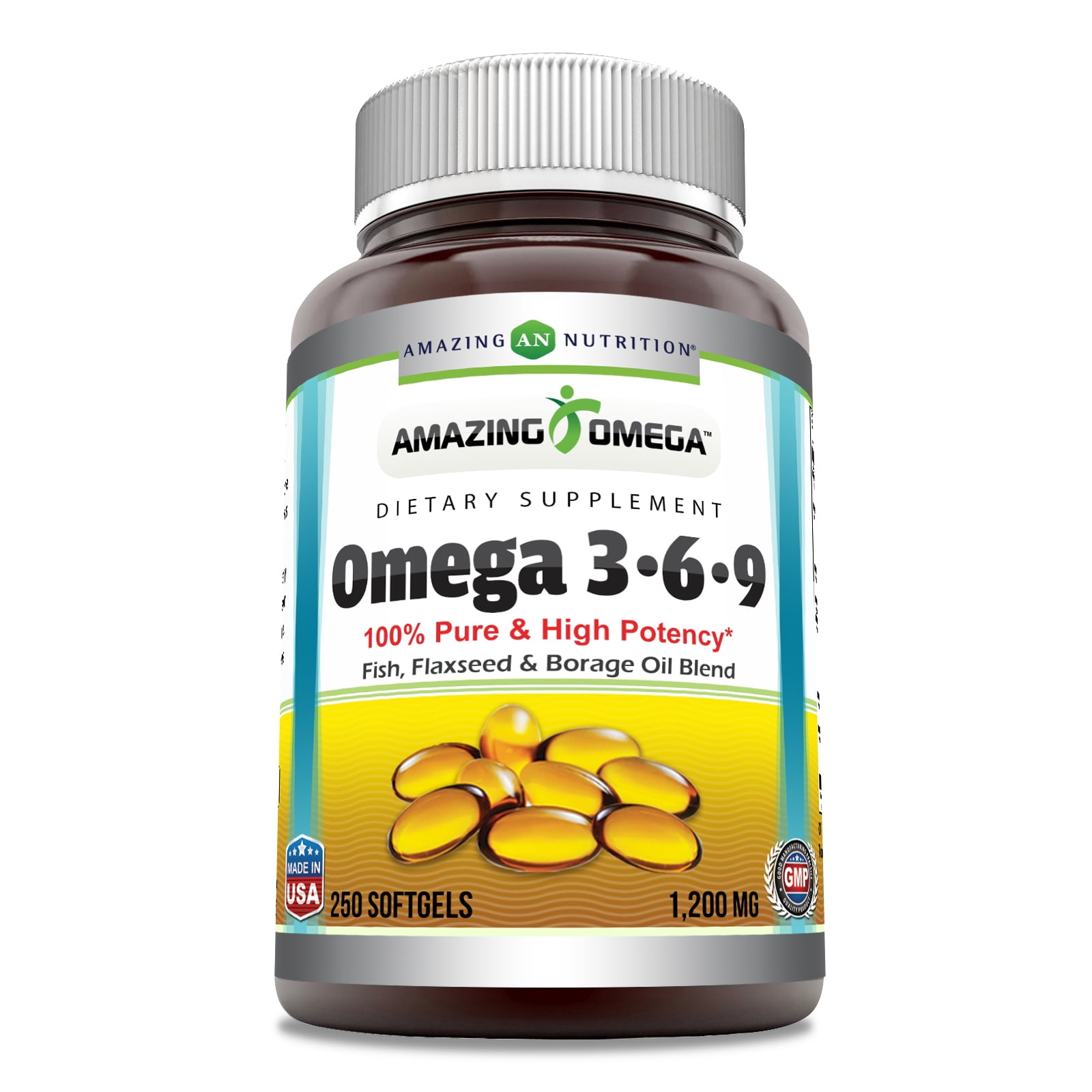 Amazing Omega 3.6.9 1200 Mg Per Serving 250 Softgels Supplement | Unflavored | Omega 3.6.9 Fish, Flaxseed & Borage Oil Blend | Non-GMO | Gluten-Free | Made in USA