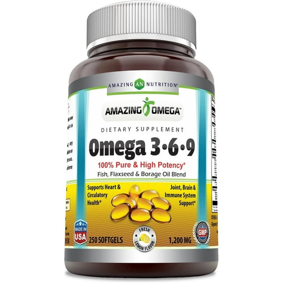 Amazing Omega 3.6.9 1200 mg, 250 Softgels (Lemon Flavor)* Unique Formula Combining Flaxseed Oil 400 mg, Fish Oil 400 mg and Borage Oil 400 mg * Rich in Omega-3, 6 and 9 Fatty Acids *