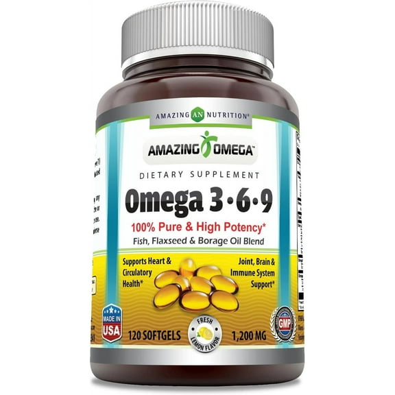 Amazing Omega 3.6.9 1200 mg Per Serving 120 Softgels Lemon Flavor Supplement | Unique Formula of Flaxseed Oil 400 mg, Fish Oil 400 mg and Borage Oil 400 mg | Rich in Omega 3,6,9 Fatty Acids
