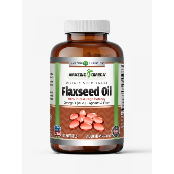 Amazing Omega Flaxseed Oil 3600mg Per Serving 100 Softgel Supplement | Omega 3, Lignans & Fiber | Excellent source of Omega 3s | Non-GMO | Gluten Free | Made in USA