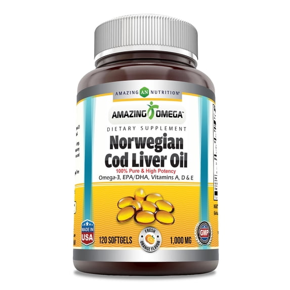 Amazing Omega Norwegian Cod Liver Oil 1000 Mg Per Serving 120 Softgels Supplement | Orange Flavor | Non-GMO | Gluten-Free | Rich Omega-3, EPA, DHA, Vitamin A, D & Vitamin Supplements
