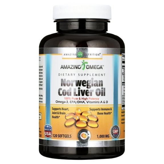 Amazing Omega Norwegian Cod Liver Oil 1000 mg, 120 Softgels, Orange Flavor