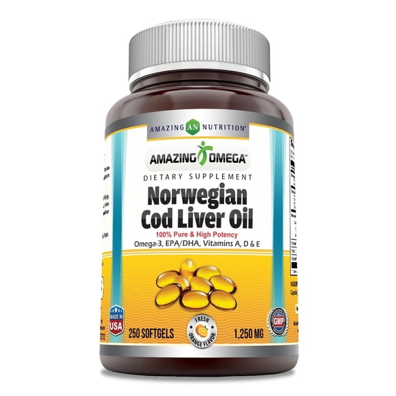 Amazing Omega Norwegian Cod Liver Oil 1250 Mg Per Serving 250 Softgels Supplement | Orange Flavor | Omega-3, EPA, DHA, Vitamin A, Vitamin D & Vitamin E