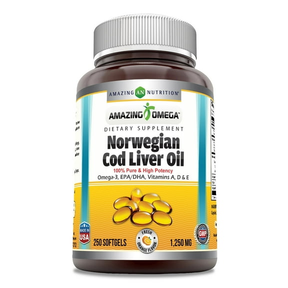 Amazing Omega Norwegian Cod Liver Oil 1250 Mg Per Serving 250 Softgels Orange Flavor Supplement | 250 Serving Per Bottle | Omega-3, EPA, DHA, Vitamin A, Vitamin D & Vitamin E