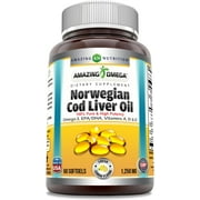 Amazing Omega Norwegian Cod Liver Oil 1250 Mg Per Serving 60 Softgels Supplement | Lemon Flavor | Omega-3, EPA, DHA, Vitamin A, Vitamin D & Vitamin E
