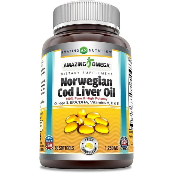 Amazing Omega Norwegian Cod Liver Oil 1250 Mg Per Serving 60 Softgels Supplement | Lemon Flavor | 60 Serving Per Bottle | Omega-3, EPA, DHA, Vitamin A, Vitamin D & Vitamin E