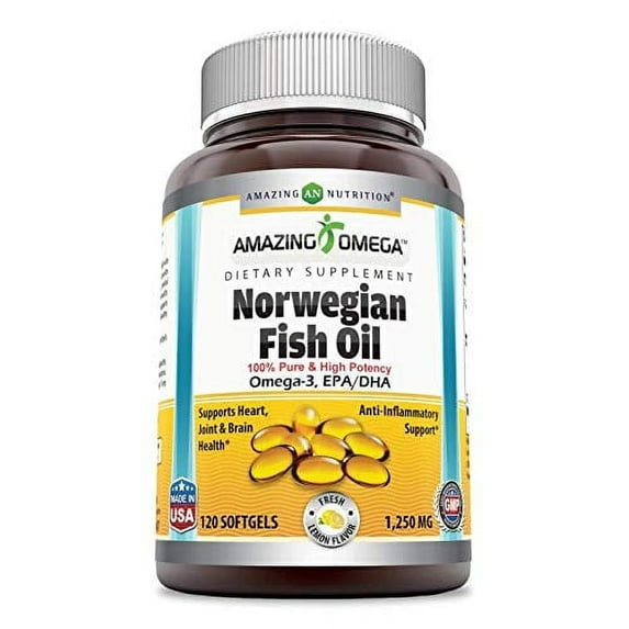 Amazing Omega Norwegian Fish Oil 1250mg Per Serving 120 Softgels Supplement | Fresh Lemon Flavor | Non-GMO | Gluten Free |