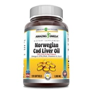 Amazing Omega Norwegian Cod Liver Oil 1000 Mg Per Serving 120 Softgels Supplement | Lemon Flavor | Non-GMO | Gluten-Free | Rich Omega-3, EPA, DHA, Vitamin A, D & Vitamin Supplements