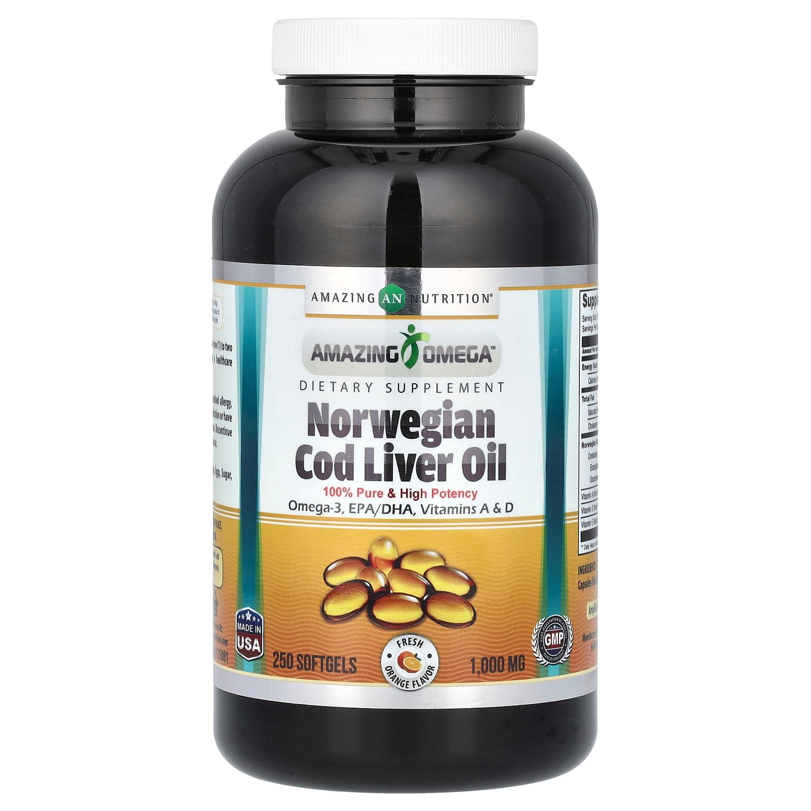 Amazing Omega Norwegian Cod Liver Oil 1000 Mg Per Serving 250 Softgels Supplement | Orange Flavor | Non-GMO | Gluten-Free | Rich Omega-3, EPA, DHA, Vitamin A, D & Vitamin Supplements