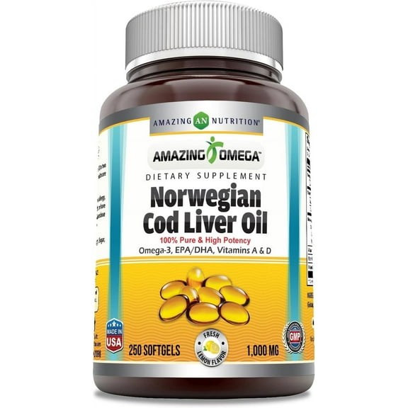 Amazing Omega Norwegian Cod Liver Oil 1000 Mg Per Serving 250 Softgels Supplement | Lemon Flavor | Non-GMO | Gluten-Free |