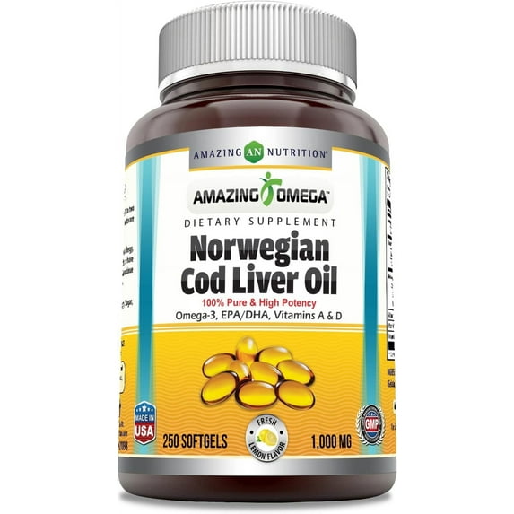 Amazing Omega Norwegian Cod Liver Oil 1000 Mg Per Serving 250 Softgels Supplement | Lemon Flavor | Non-GMO | Gluten-Free |