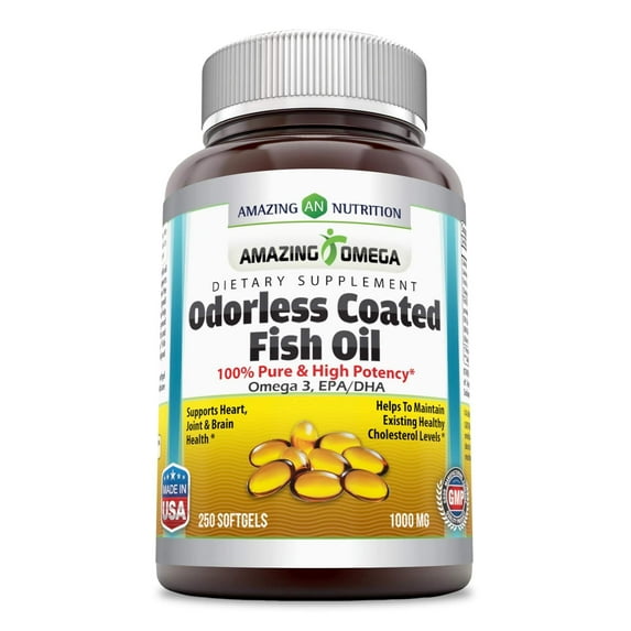 Amazing Omega Odorless Coated Fish Oil 1000mg Per Serving 250 Softgels Supplement | Non-GMO | Gluten Free | Made in USA