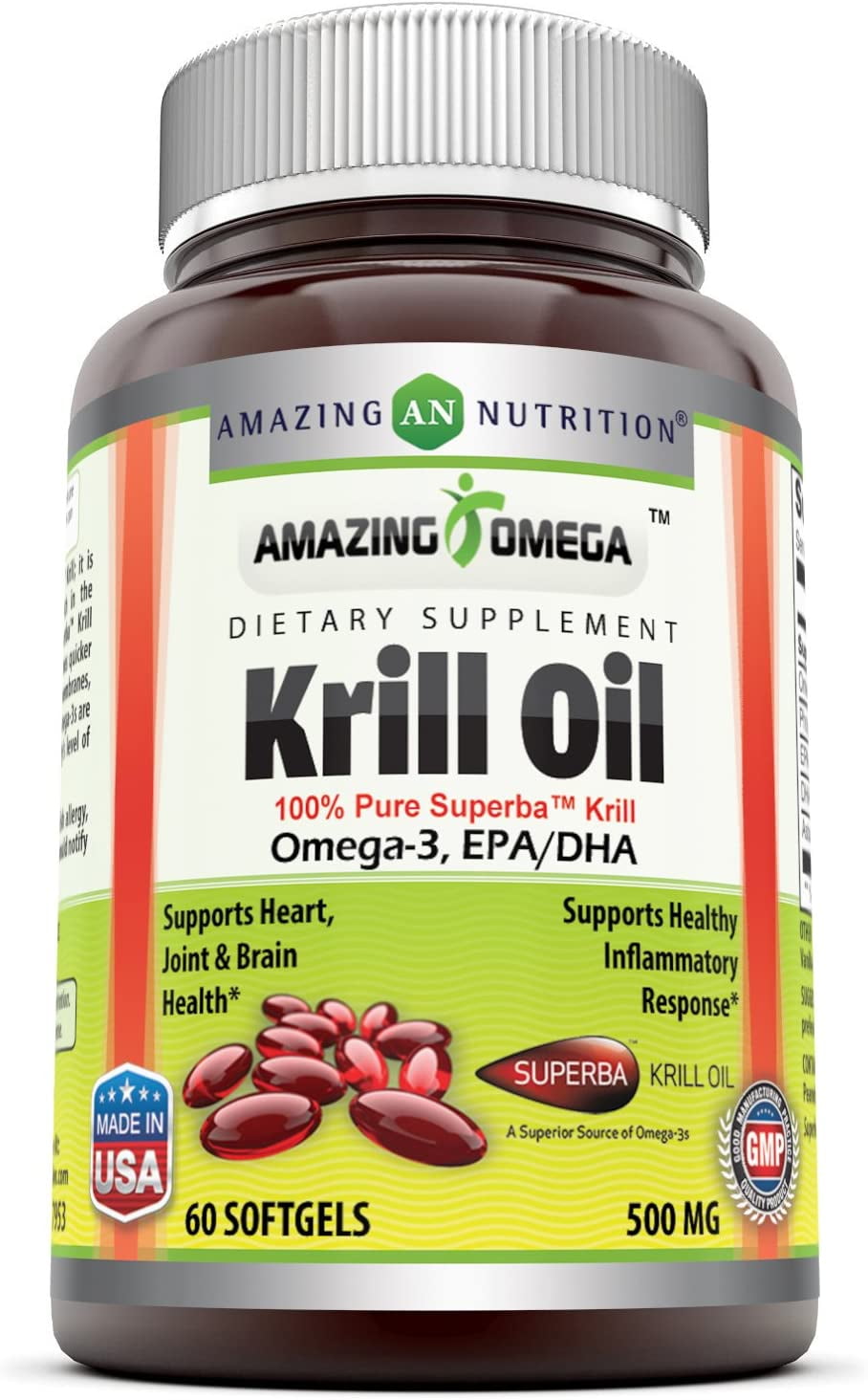 Amazing Omega Superba Krill Oil 500 Mg Per Serving 60 Softgels | Omega 3 Fatty Acids with 120 mg EPA & 56 mg DHA | Non-GMO | Gluten-Free | Made in USA