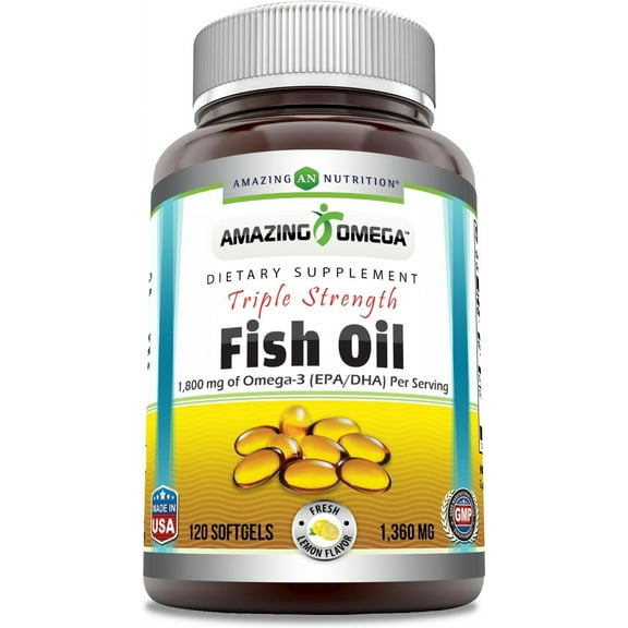 Amazing Omega Triple Strength Fish Oil 1360 Mg Per Serving 120 Softgels Supplement | Lemon Flavor | Made in USA