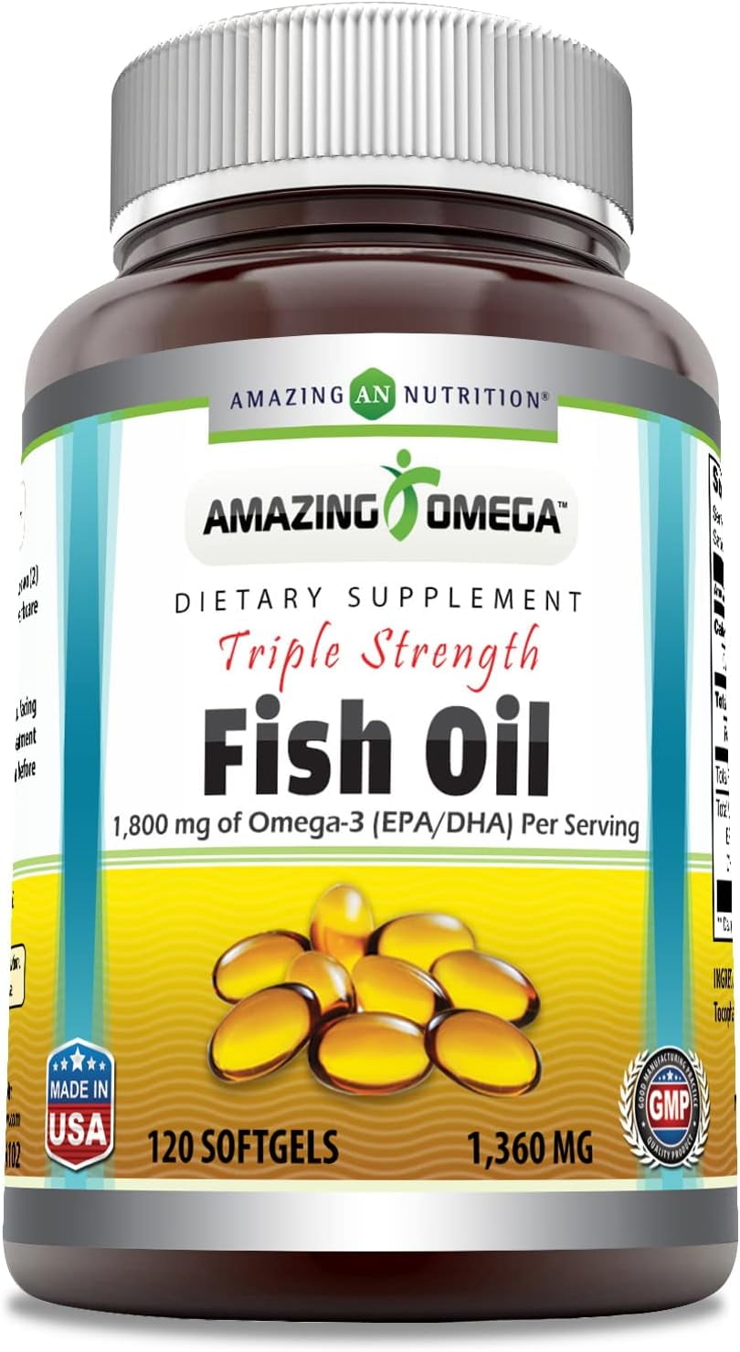 Amazing Omega Triple Strength Fish Oil (Omega-3, EPA/DHA) 1360 Mg Per Serving 120 Softgels Supplement  | Non-GMO | Gluten-Free | Made in USA