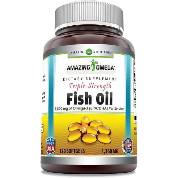 Amazing Omega Triple Strength Fish Oil (Omega-3, EPA/DHA) 1360 Mg Per Serving 120 Softgels Supplement | Non-GMO | Gluten-Free | Made in USA