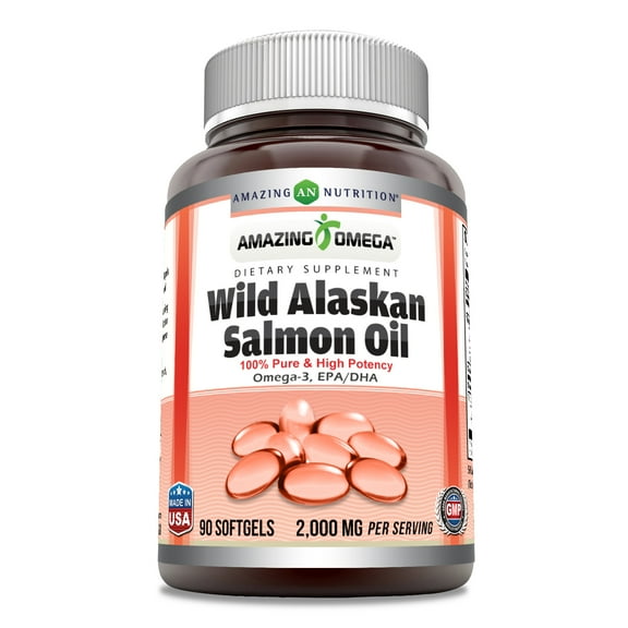 Amazing Omega Wild Alaskan Salmon Oil 2000mg Per Serving 90 Softgels Supplement | (Omega-3, EPA/DHA) | Non-GMO | Gluten Free | Made in USA