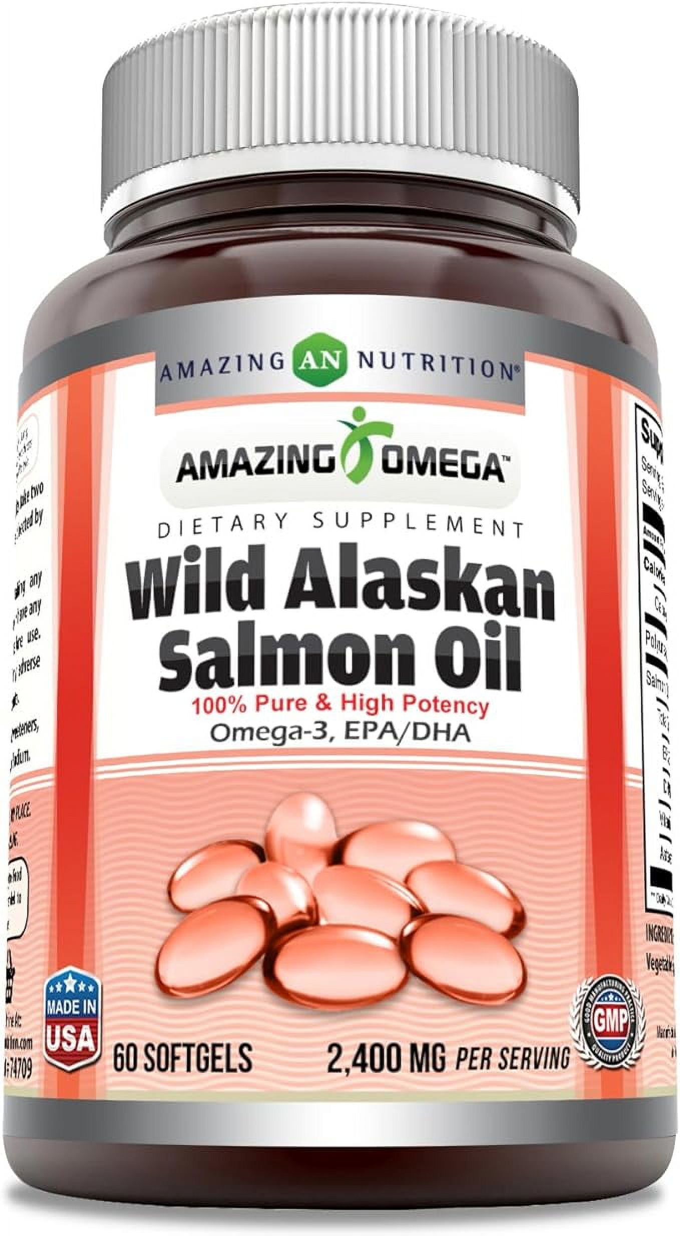 Amazing Omega Wild Alaskan Salmon Oil 2400mg Per Serving 60 Softgels