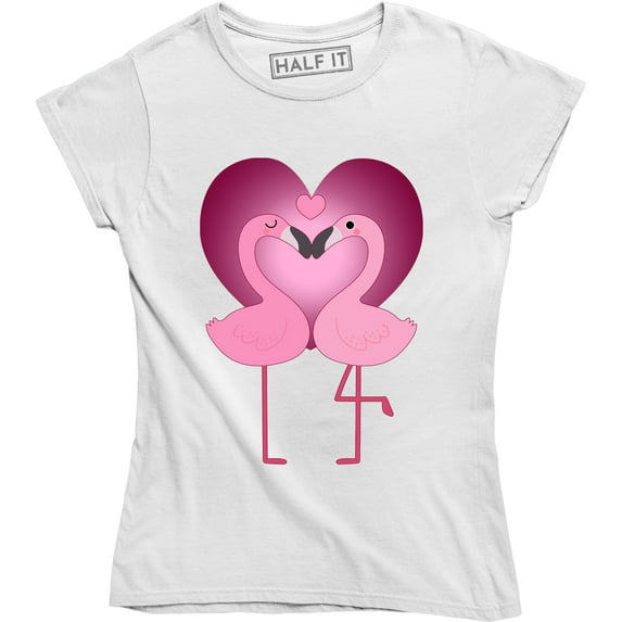 Amazing Pink Flamingo Bird Couple Shape Heart Women's Tee Shirt