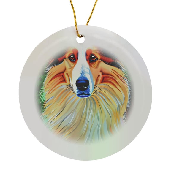 3drose, Amazing Rough Collie Dog Portrait Against the Green Grass Background, Circle Porcelain Ornament