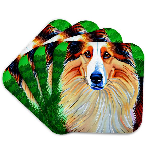 3drose, Amazing Rough Collie Dog Portrait Against the Green Grass Background, Set of 4 Coasters - Soft