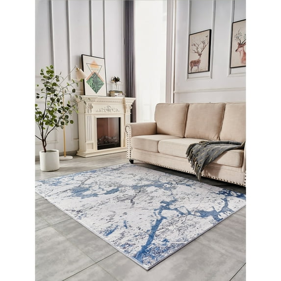 Amazing Rugs, LLC. "Zara Contemporary" Washable Super Soft Area Rug with Abstract Design Silver/Blue 4' x 6' Abstract 0.76 - 1 inch Stain
