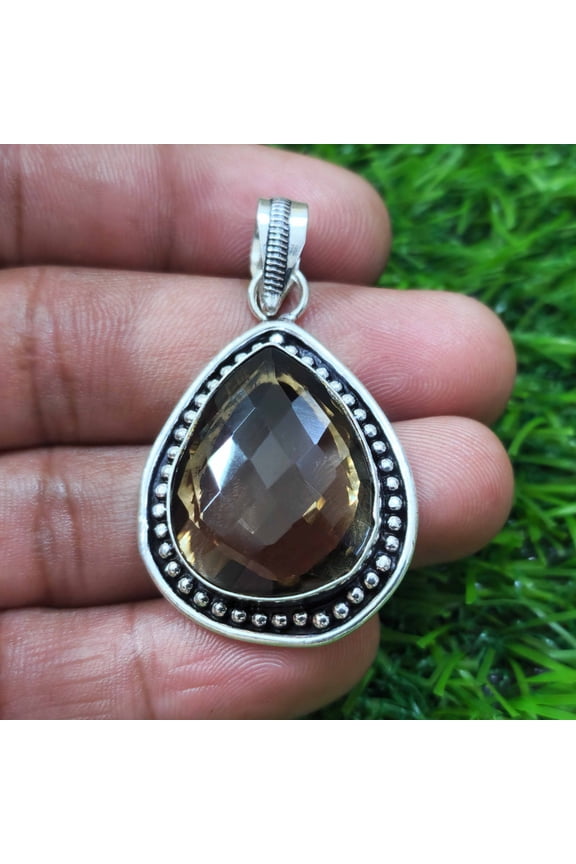 Amazing Smoky Quartz Handmade 925 Sterling Silver Pendant 35 mm