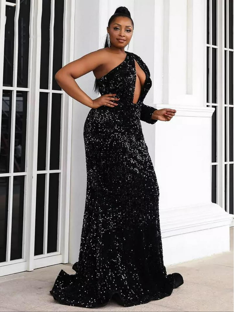 Amazing-Snazzy Black Sequin Women's Elegant Cloth, Plus Size Women