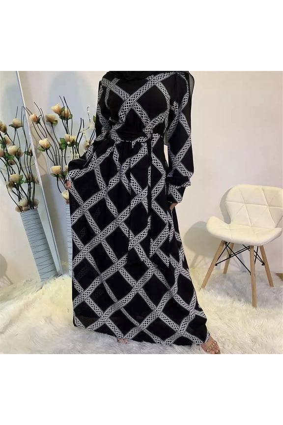 Malaysia Islamic Women's Long Maxi Dress with Belt Muslim A-line Maxi Dress with Belt