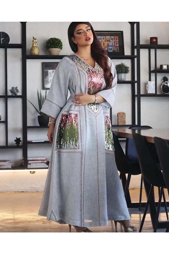 Middle East Women's Jalabiya Dubai Sparkle Sequins Embroidered Robes Muslim