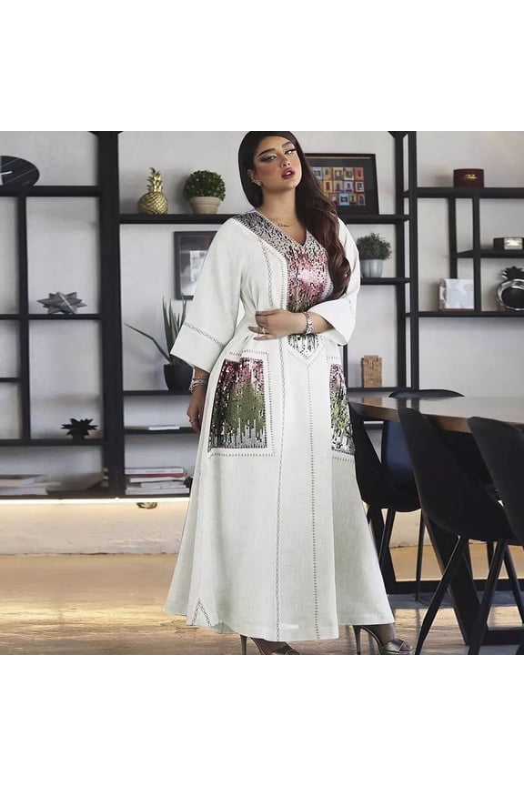 Middle East Women's Jalabiya Dubai Sparkle Sequins Embroidered Robes Muslim