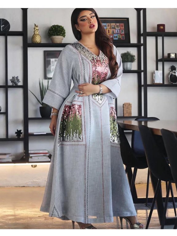 Middle East Women's Jalabiya Dubai Sparkle Sequins Embroidered Robes Muslim