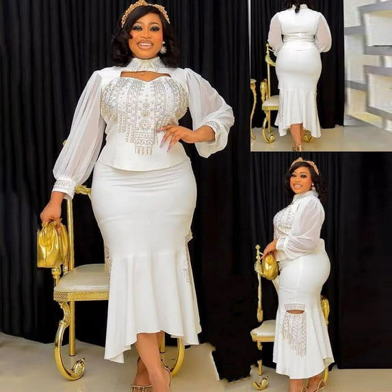 Amazing Snazzy White Women Clothing, Chiffon Tops and Mermaid Skirt Sets, African Plus Size Two Piece Women Long Tow Pieces Set, Women Elegant Turkish Wedding Clothes .