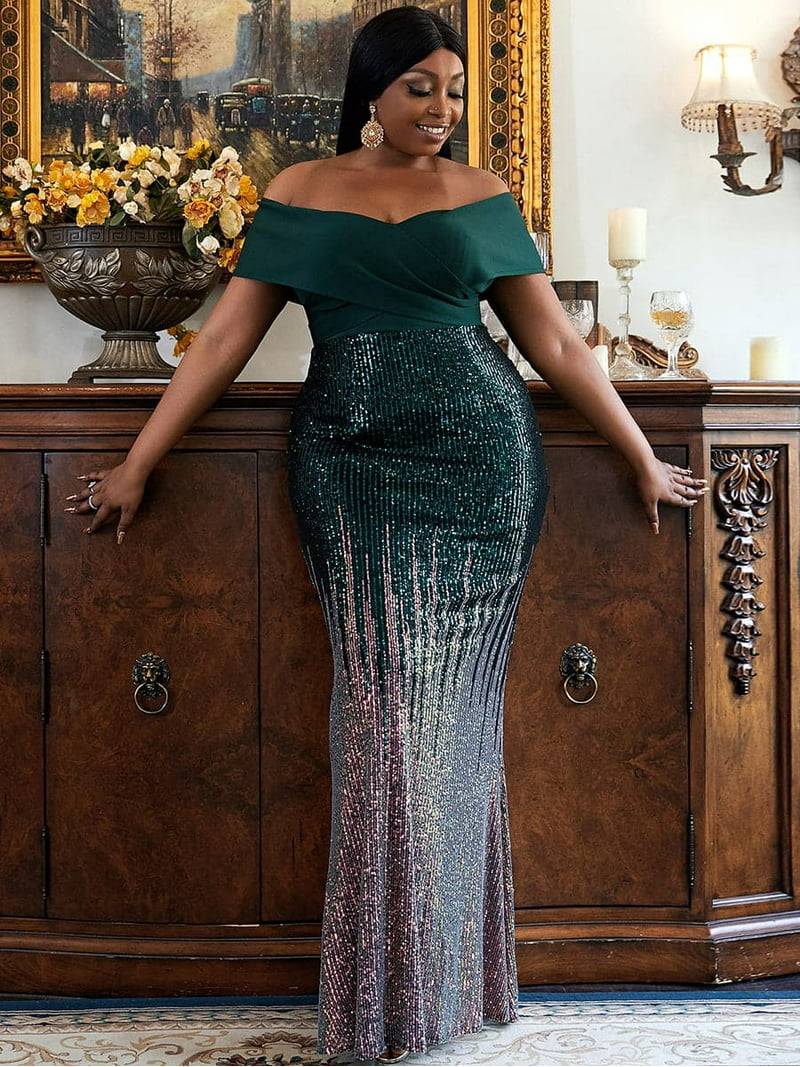 Amazing-Snazzy Women off Shoulder Sequin Formal Evening Gowns