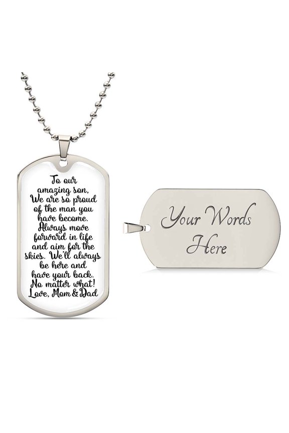 To Our Amazing Son Son's Graduation Gift High School, College, University Graduation Gift - Graphic Military Dog Tag Necklace (Optional Personalized Engraving)