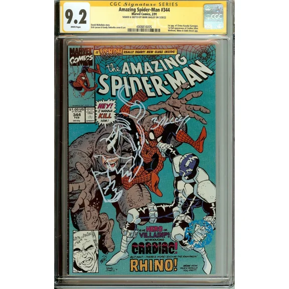 Amazing Spider-Man #344 CGC 9.2 Signature Series 1st Cletus Kasady (Carnage) Signed & Sketched by Mark Bagley