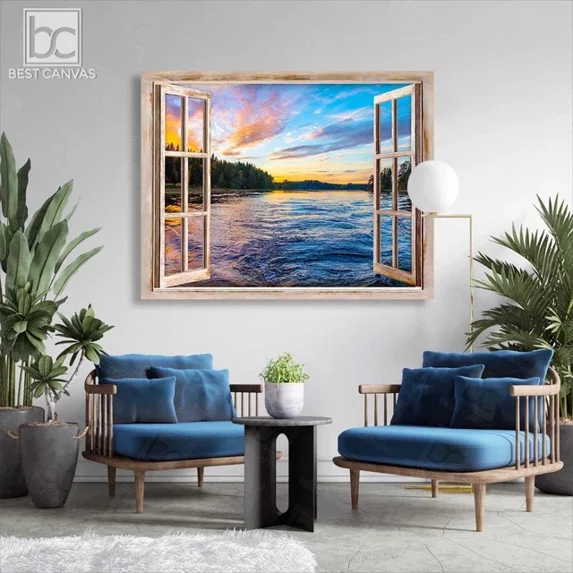 Amazing Sunrise On Lake With Trees Through Rustic Window Wrapped For ...