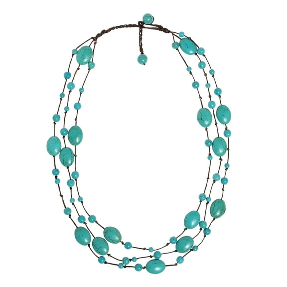 Amazing Triple Layer Blue Turquoise on Cotton Rope Statement Necklace
