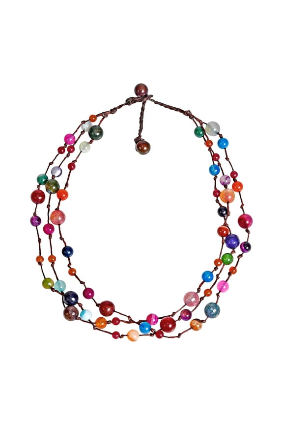Amazing Triple Layer Multi-Color Stones on Cotton Rope Statement Necklace