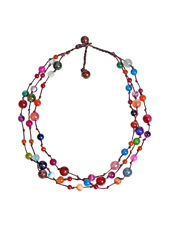 Amazing Triple Layer Multi-Color Stones on Cotton Rope Statement Necklace