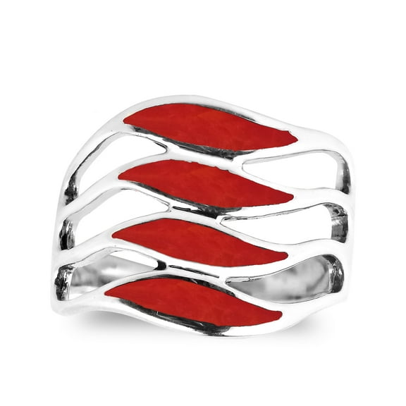 Amazing Waves Myriad of Synthetic Red Coral Stone Sterling Silver Ring-6