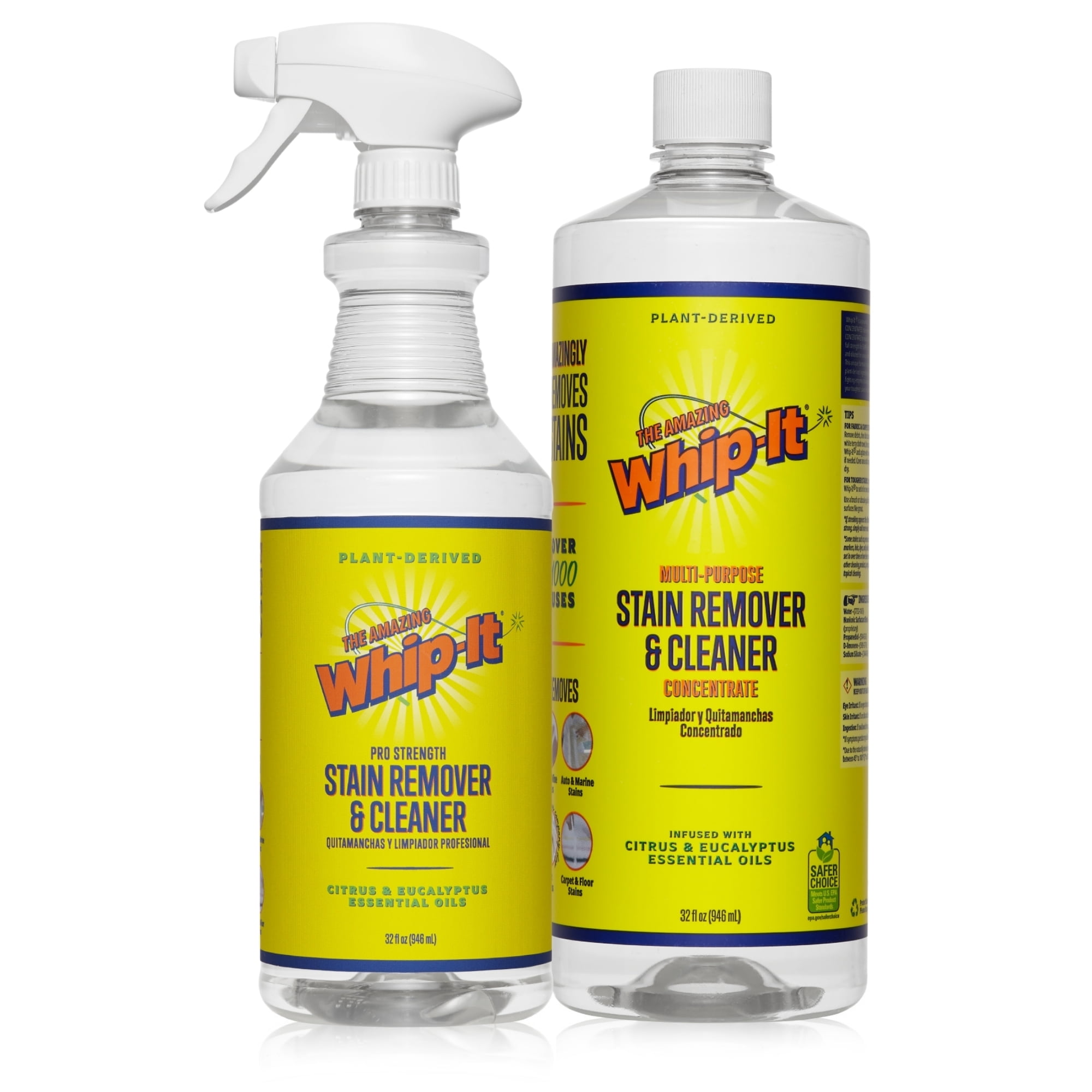 Amazing Whip-It Stain Remover and Cleaner, Stain Fighting Kit - Professional Strength Plant-Based Remover Spray 32oz with Concentrate Multi-Purpose Stain Remover 32oz bottle